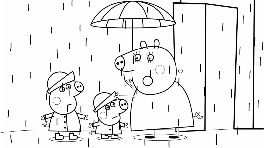 deszczowa pogoda świnka peppa z parasolem kolorowanka do drukowania