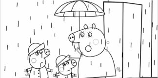 Regenwetter Peppa Pig mit Regenschirm Malbuch zum Ausdrucken