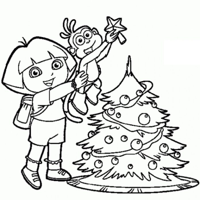 dora et butek décorent le sapin de Noël - page à colorier imprimable
