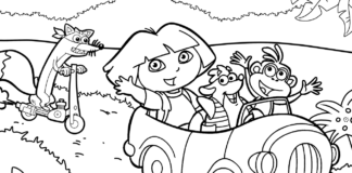 dora conduce un coche libro para colorear para imprimir