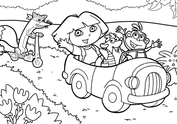 Dora fährt ein Auto Malbuch zum Ausdrucken