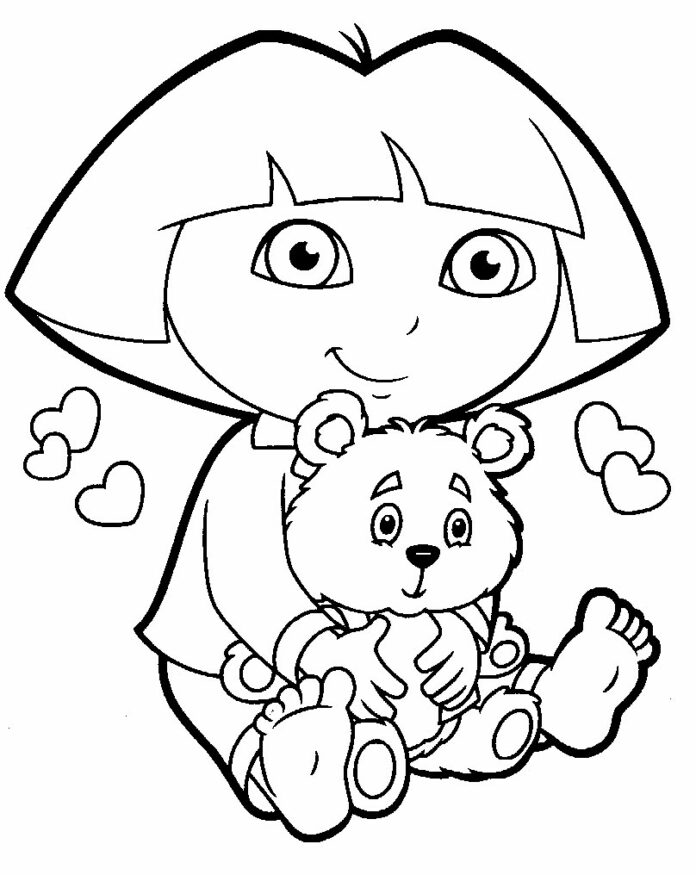 Dora s medvedíkom - omaľovánky na vytlačenie