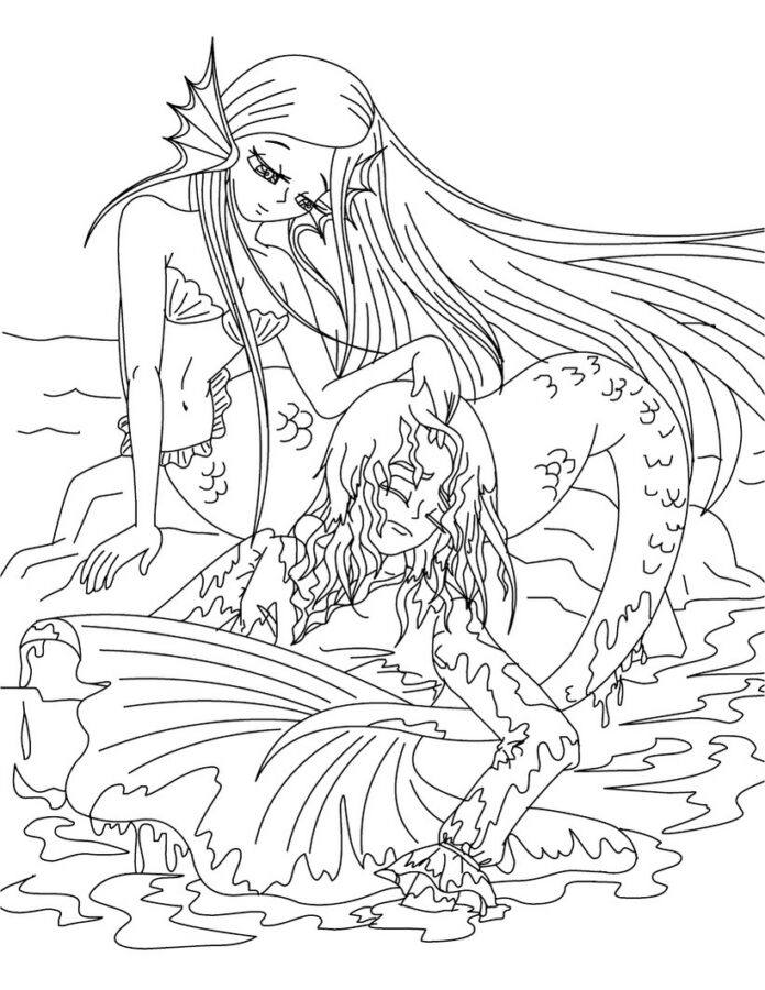 two mermaids by the sea coloring book to print