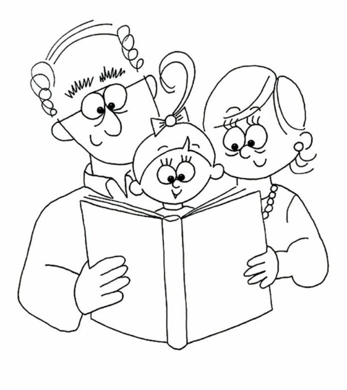 isoisä ja isoäiti lukevat kirjaa tulostettava värityskirja