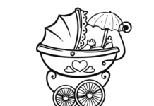Kind im Kinderwagen mit Regenschirm Malbuch zum Ausdrucken