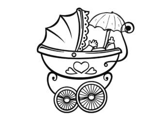 criança em carrinho de bebê com livro de colorir guarda-chuva para imprimir