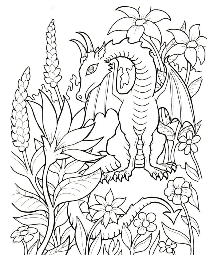 jungle with dragon coloring book to print