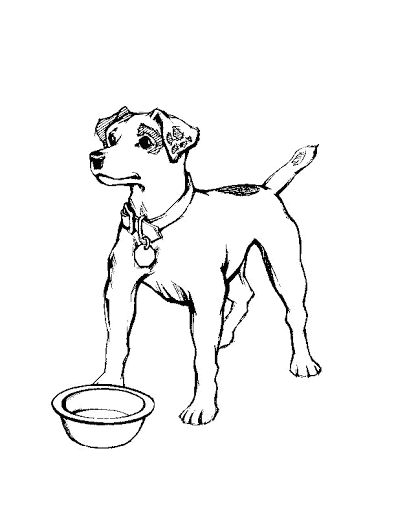 hungrig hund med skål färgläggningsbok att skriva ut