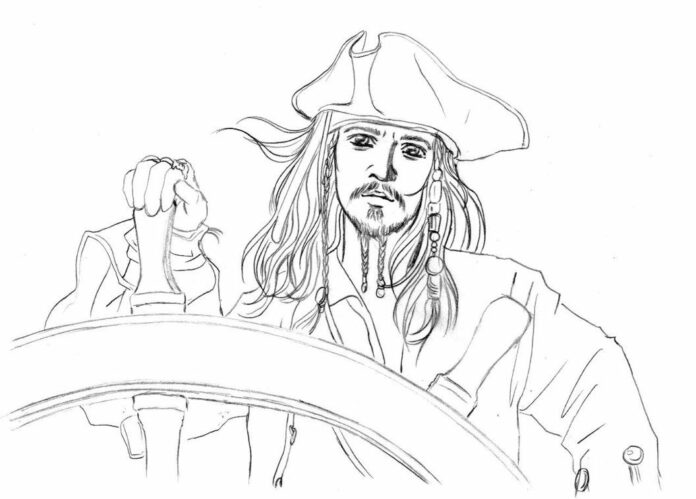 Jack Sparrow vid rodret färgbok som kan skrivas ut