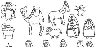 キリスト降誕祭の動物とキャラクターの塗り絵印刷