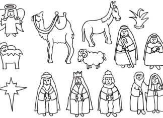 キリスト降誕祭の動物とキャラクターの塗り絵印刷