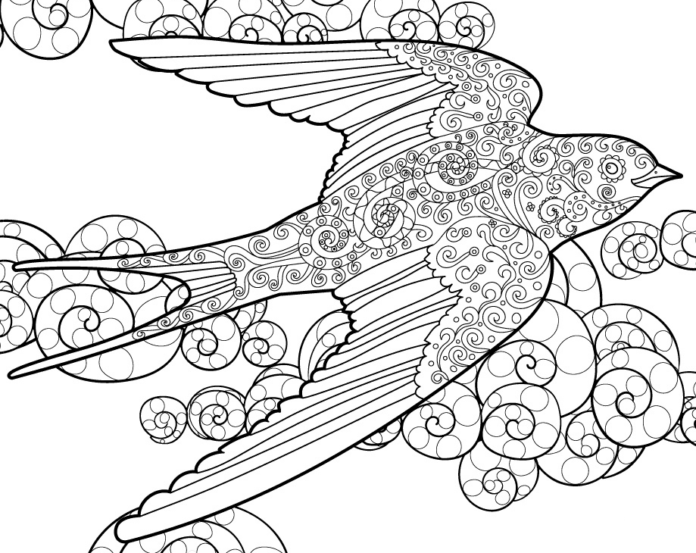 ゼンタングルパターンのツバメの塗り絵の印刷物