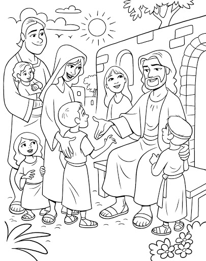 jésus-christ et les petits enfants - livre de coloriage à imprimer