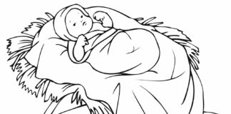 jésus dans un lit de bébé sur un lit de foin - livre de coloriage à imprimer