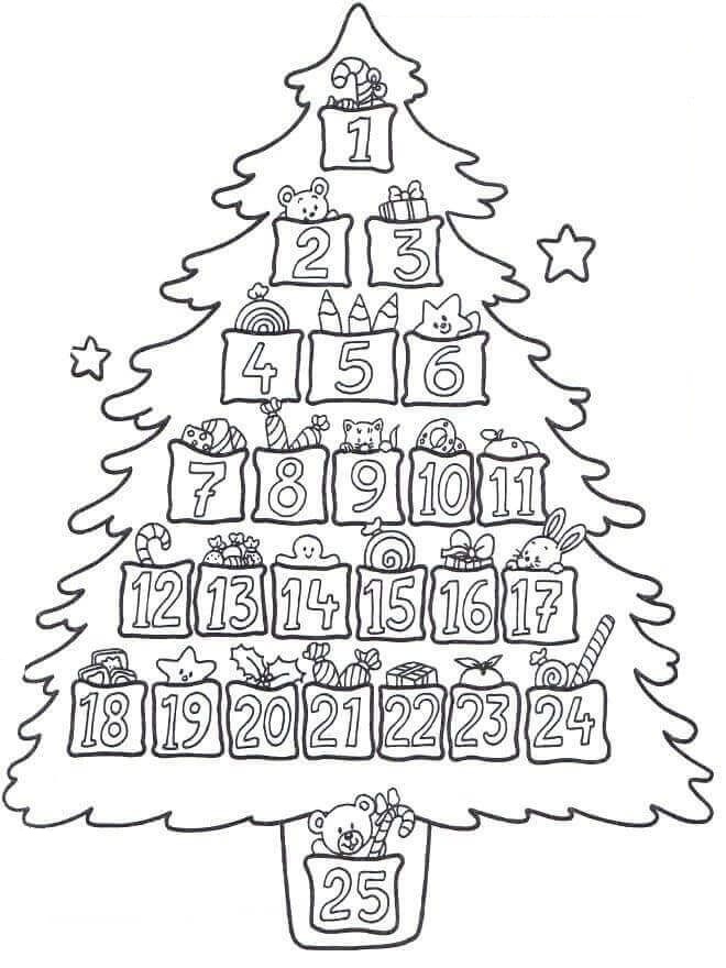 adventný kalendár s darčekmi omaľovánky na vytlačenie