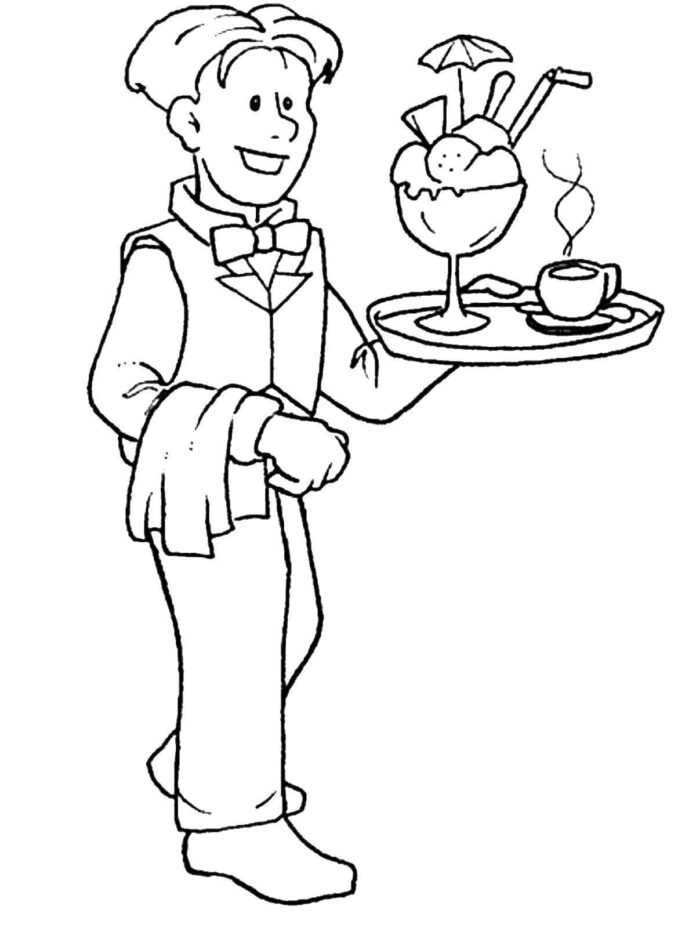 waiter carries ice cream coloring book to print