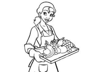 waitress with fruit coloring book to print