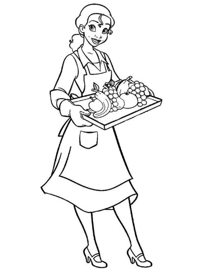 waitress with fruit coloring book to print