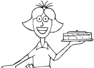 waitress with cake coloring book to print