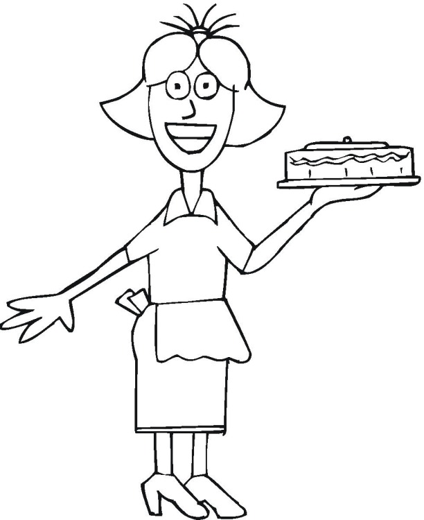 waitress with cake coloring book to print