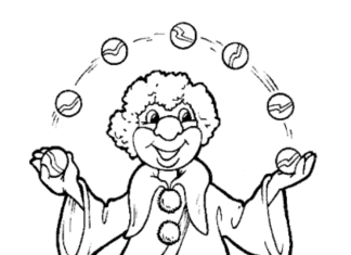 klaun žongluje omalovánky k vytisknutí
