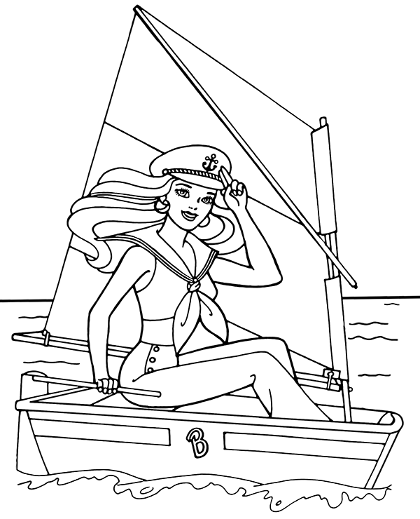 ヨットに乗っている女性 塗り絵の印刷