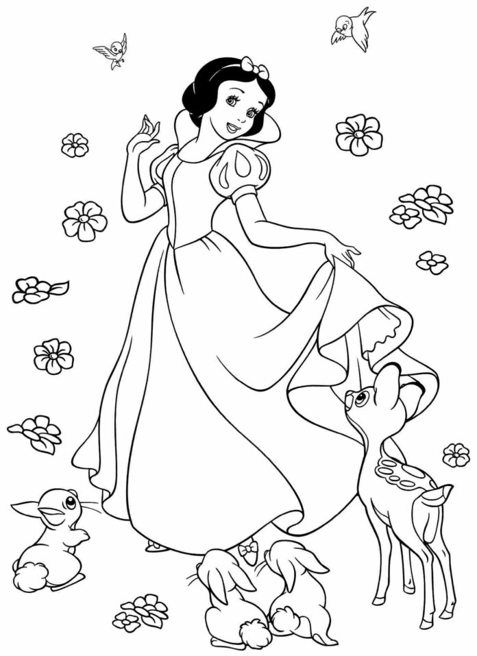 Snow White with animals coloring book to print