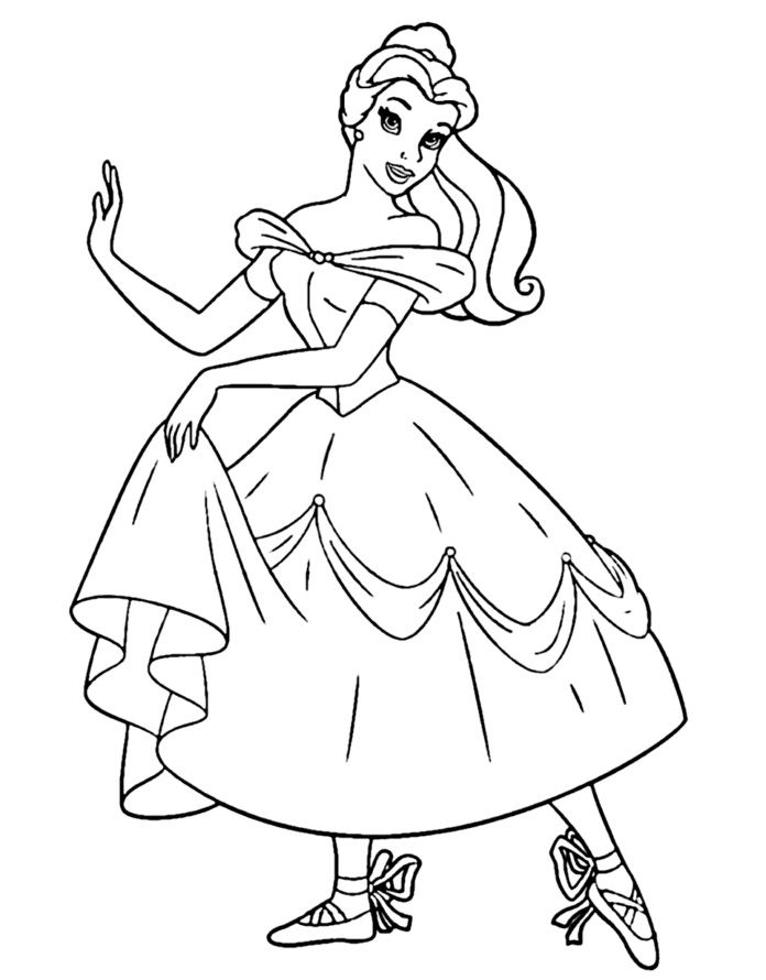 Libro para colorear Princesa Bella en un vestido para imprimir y en línea