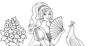 livre de coloriage "princesse en robe et paon" à imprimer