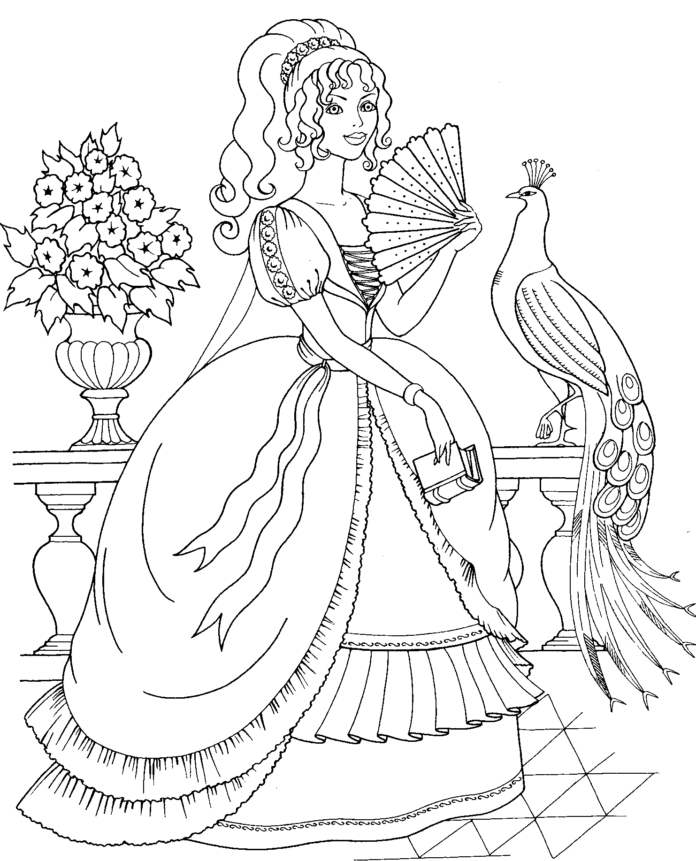 libro para colorear de la princesa con vestido y el pavo real para imprimir