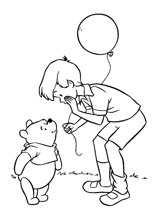 Winnie the Pooh and Christopher with a balloon coloring book to print