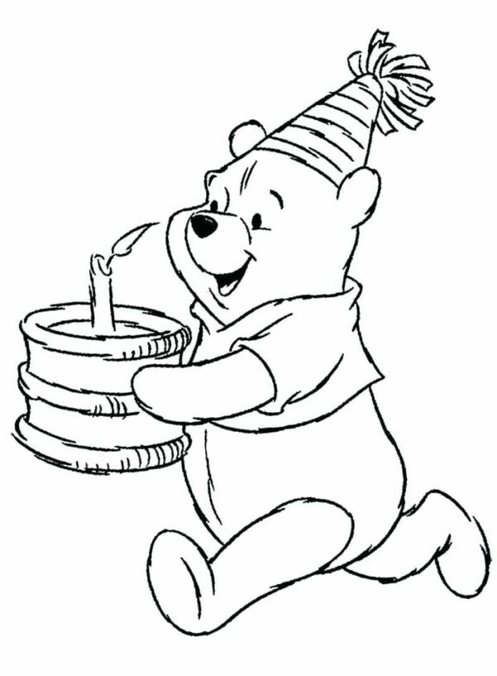 Livre à colorier Winnie l'ourson avec gâteau à imprimer