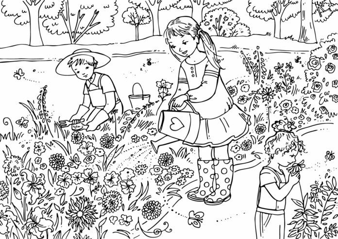 summer in the countryside in the garden coloring book to print