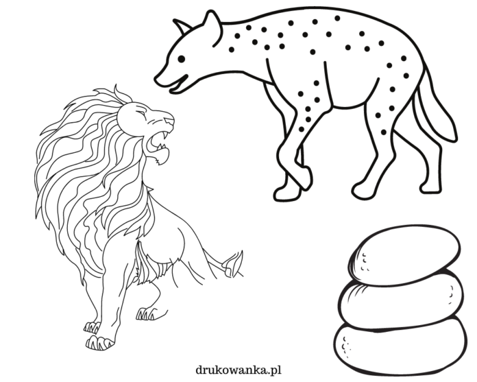 oroszlán és hiéna a sivatagban nyomtatható kifestőkönyv