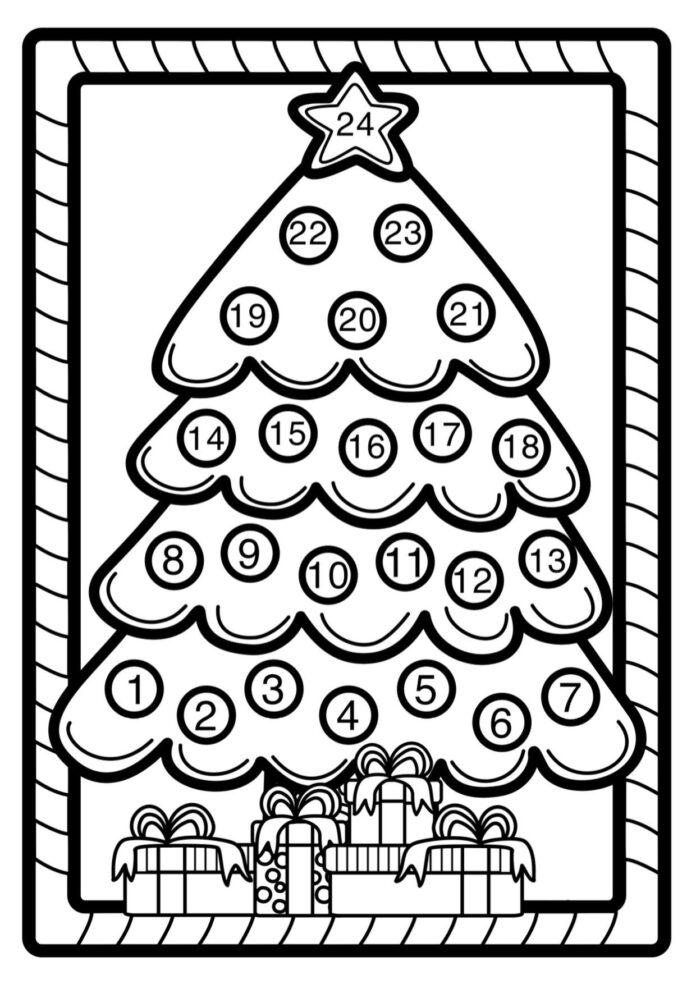 numeri sul calendario dell'albero di Natale foglio da colorare stampabile