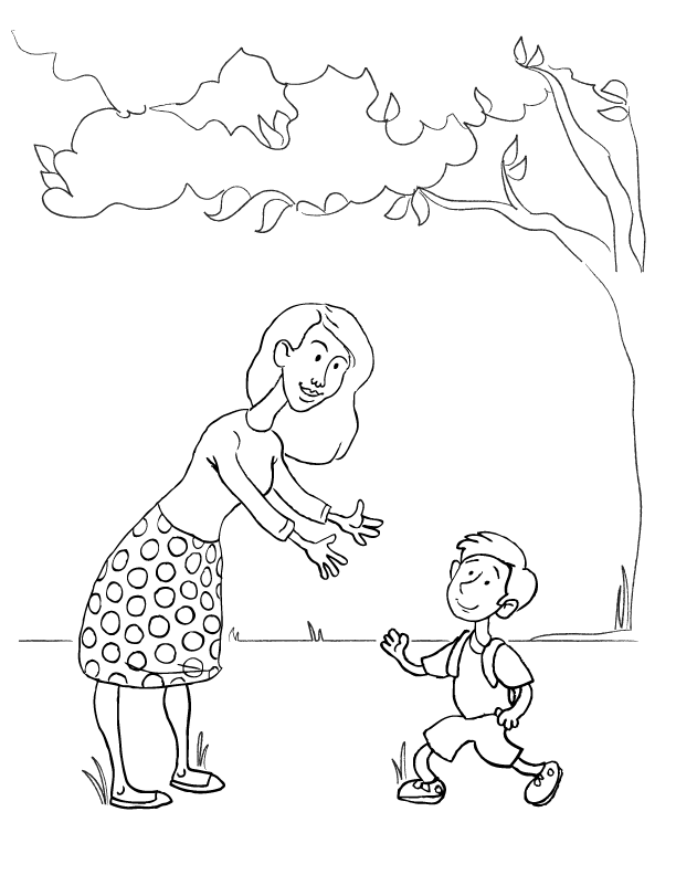mom and son play outside coloring book printable