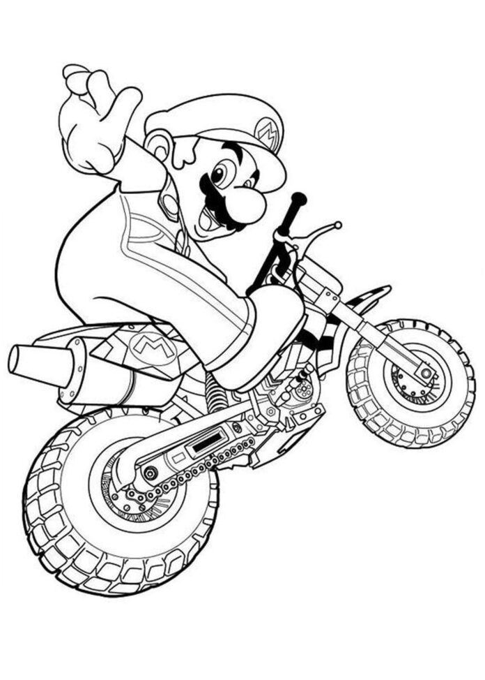 Mario on a motorcycle coloring book to print and online