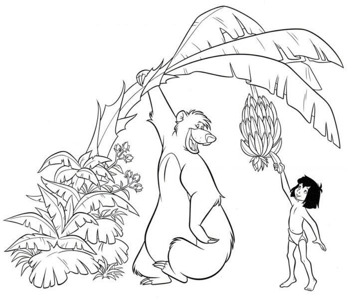 mowgli y baloo recogen plátanos libro para colorear para imprimir