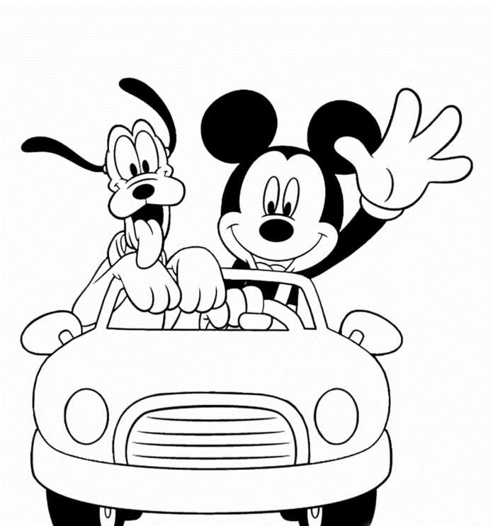 mickey mouse in auto libro da colorare da stampare