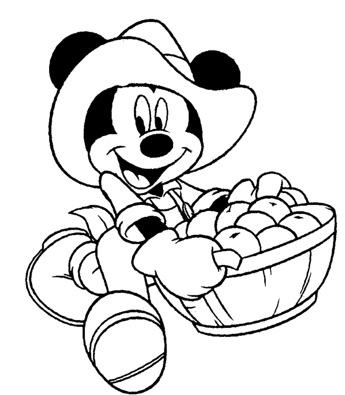 Mickey Mouse com uma cesta de livros de colorir maçãs para imprimir