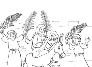 dimanche des palmiers, Jésus et l'âne : feuille à colorier imprimable