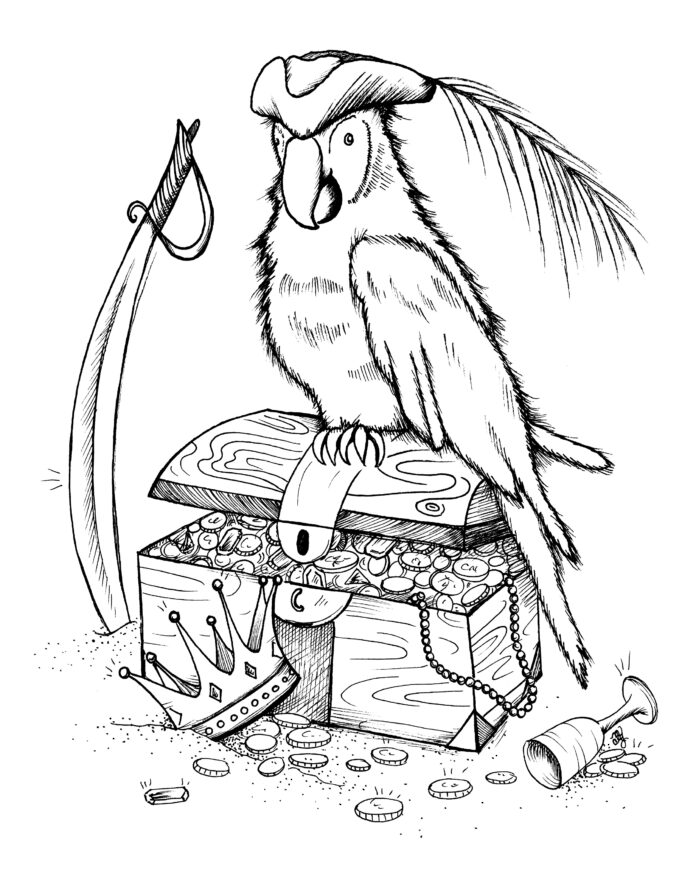 pirátský papoušek a poklad omalovánky k vytisknutí