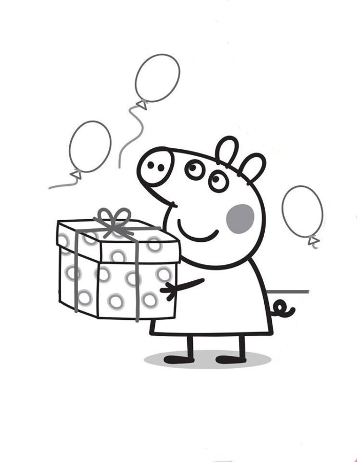 Peppa Pig mit einem Geschenk für Geburtstag Färbung Buch druckbar