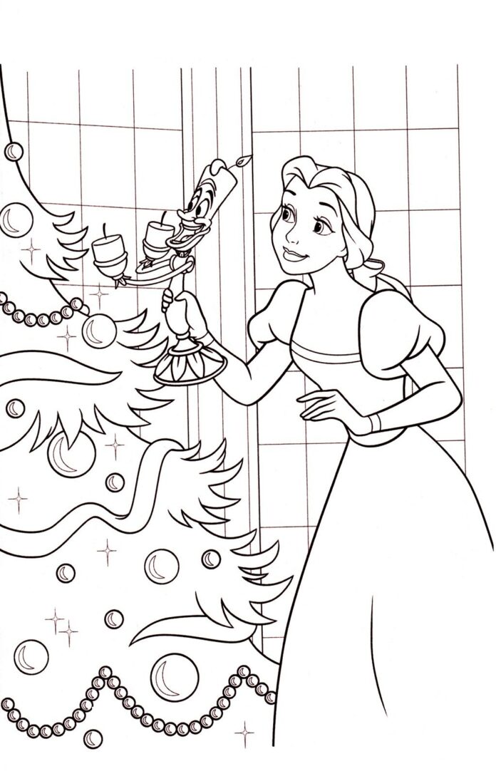 beautiful bella decorates the Christmas tree in the castle coloring book to print