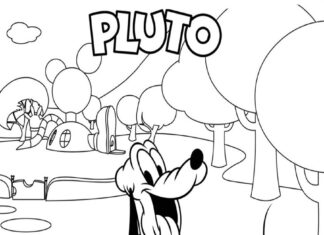 Pluto der Hund auf einem Spaziergang im Wald Malbuch zum Ausdrucken