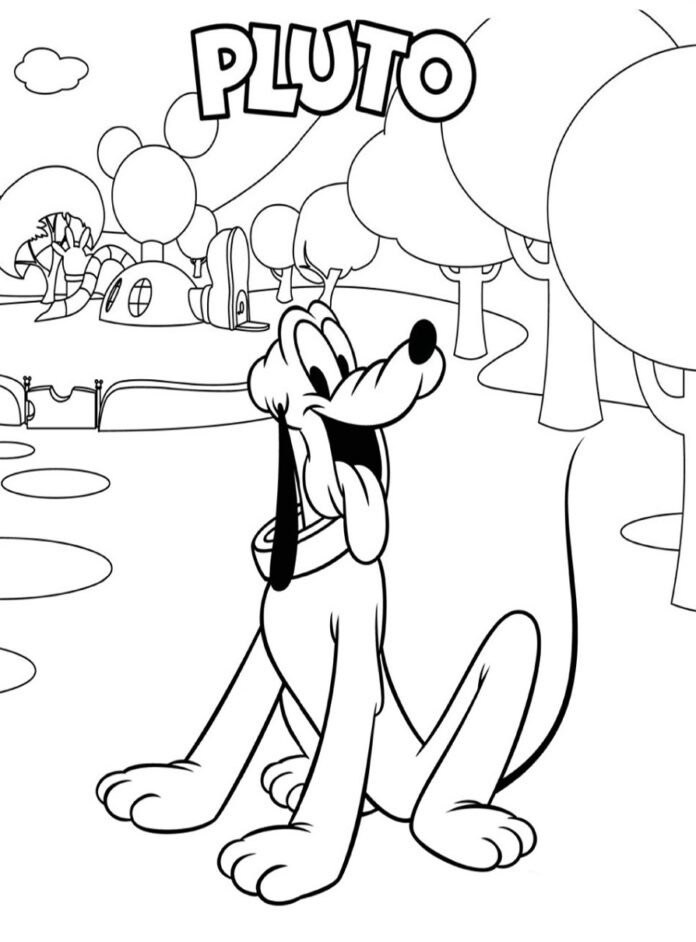 hunden Pluto på tur i skoven - malebog til udskrivning