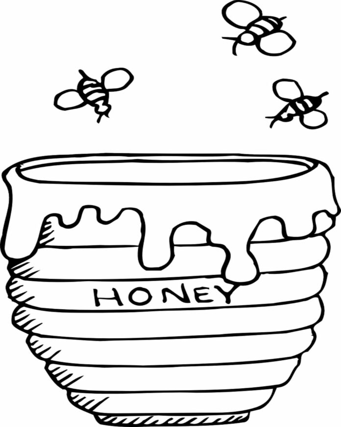 Včely a med v hrnci omaľovánky na vytlačenie