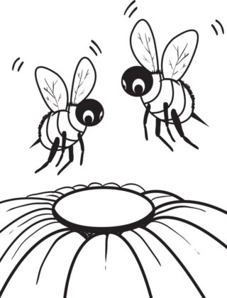 Bees on a flower coloring book to print and online