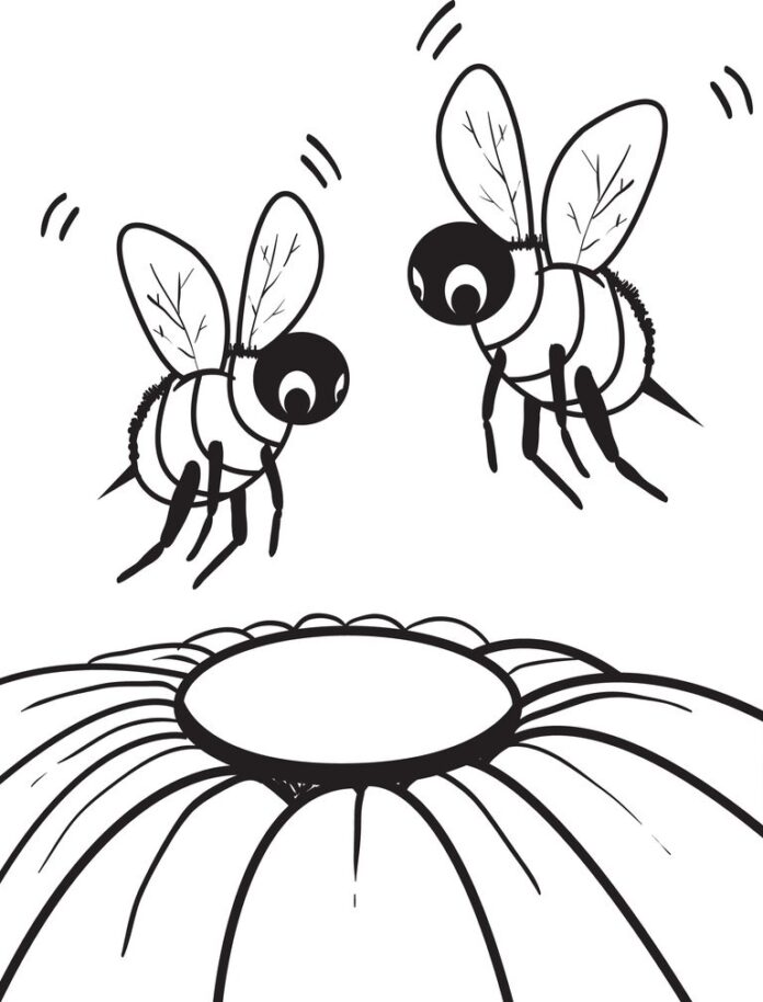 bees on a flower coloring book to print