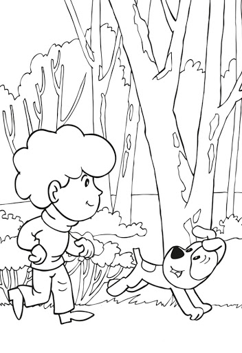 rexio in the woods on a walk coloring book to print
